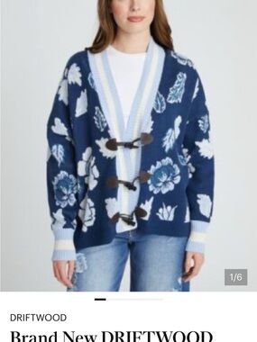 DRIFTWOOD Navy Floral Toggle Cardigan with Light Blue Trim